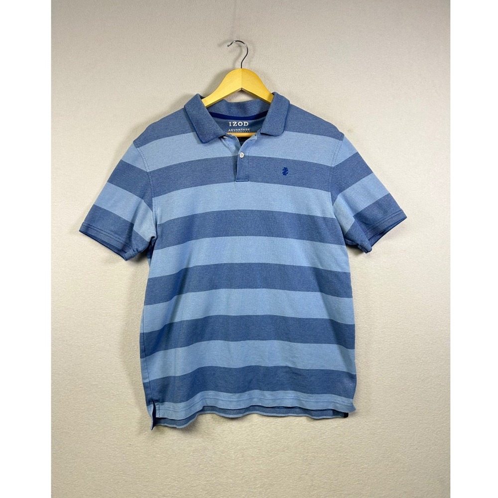 IZOD Advantage Performance Polo Shirt Mens Large Blue Striped Short Slv Stretch